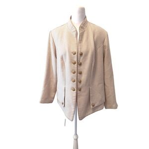 Vintage 70s Nehru Military Jacket Houndstooth Mod Women L Rayon Blend